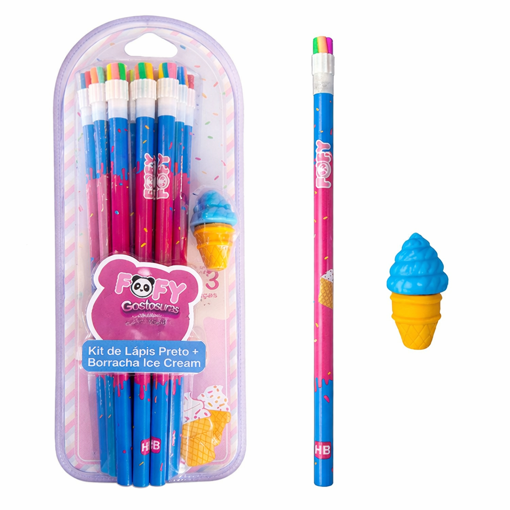 Kit Lápis Preto HB Fofo Com Borracha Sorvete Infantil Escolar Papelaria Fofa Criativa Kit Completo Presente papelaria