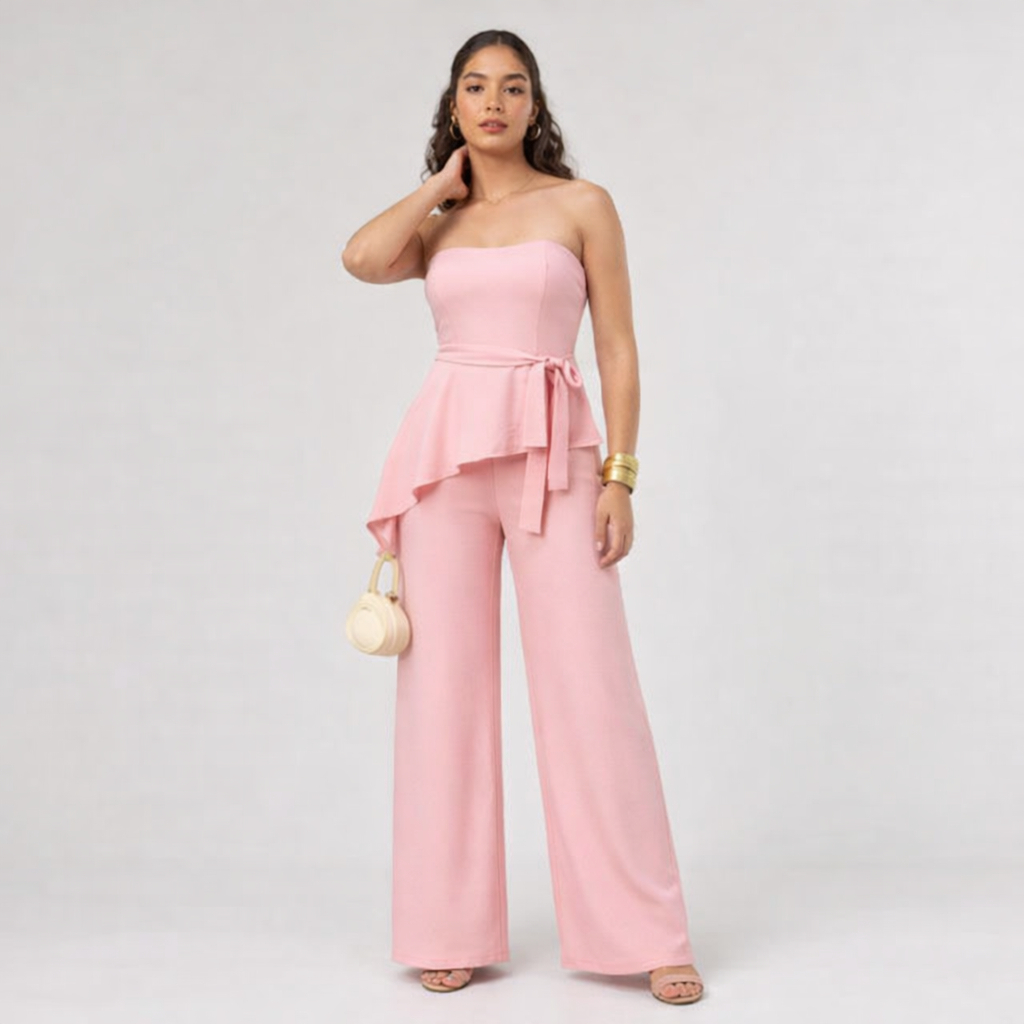 Conjunto Feminino Tomara Que Caia Assimétrico com Calça Pantalona Elegante Festa