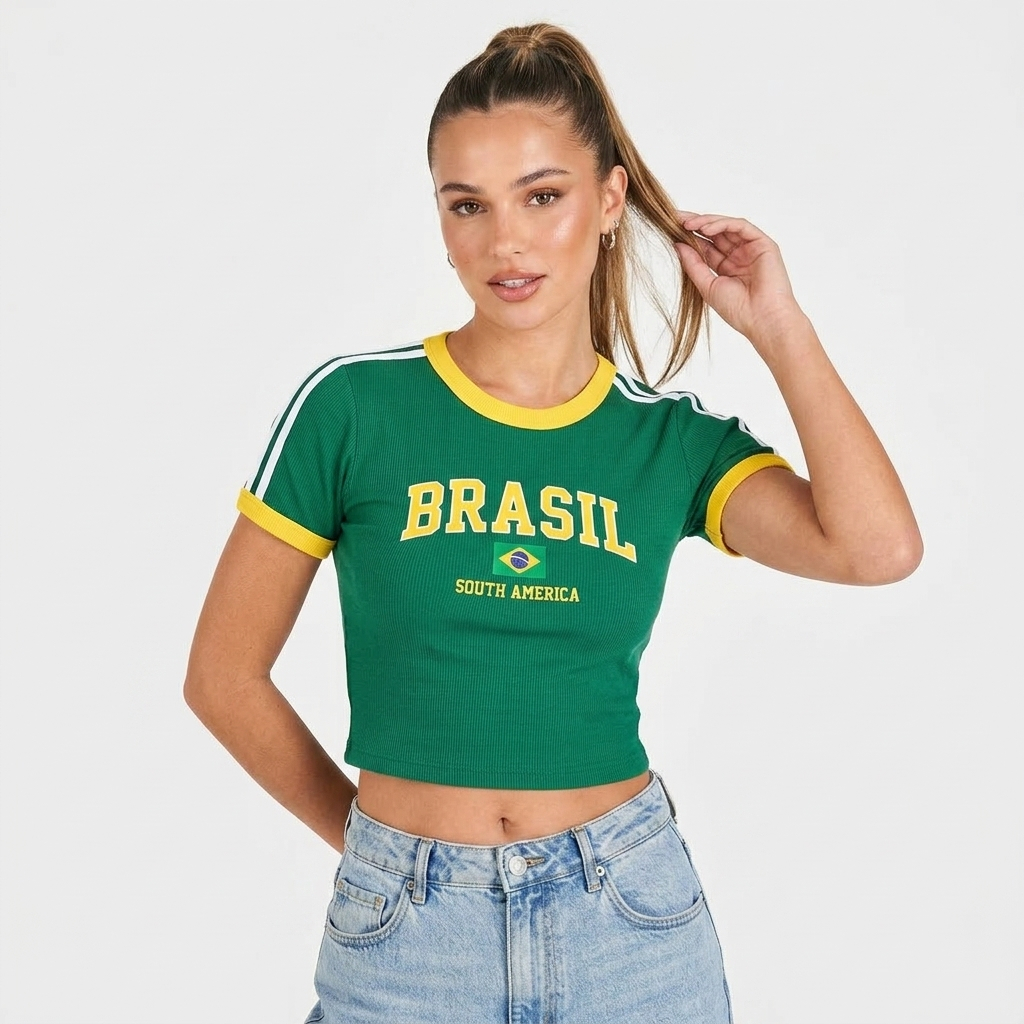 Cropped Brasil Feminino Canelado Manga Curta Verde Amarelo Brasil Core Copa 2026 P M G GG