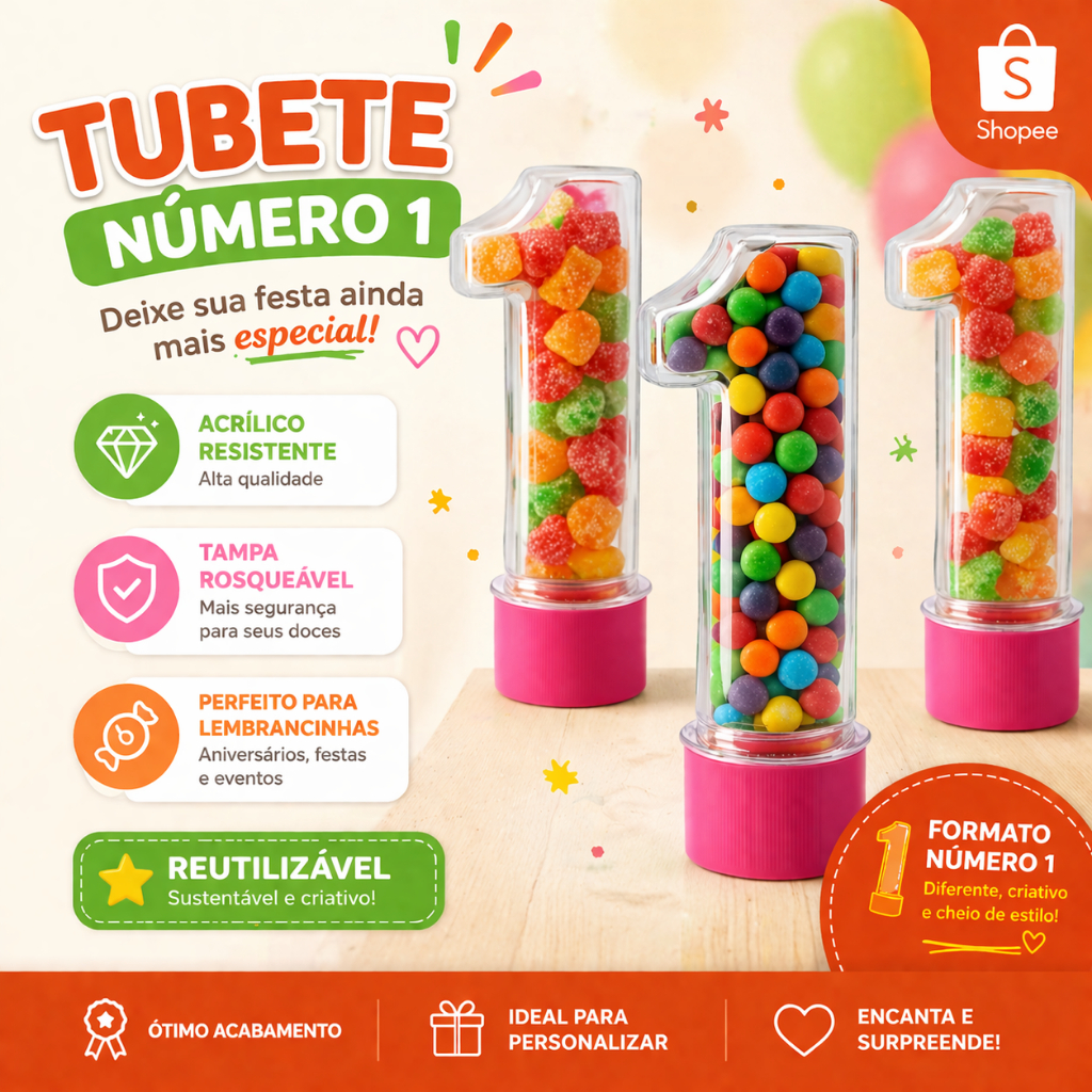 20 Tubete Número 1 Lembrancinha Festa Infantil 1 Ano Aniversário Personalizavel