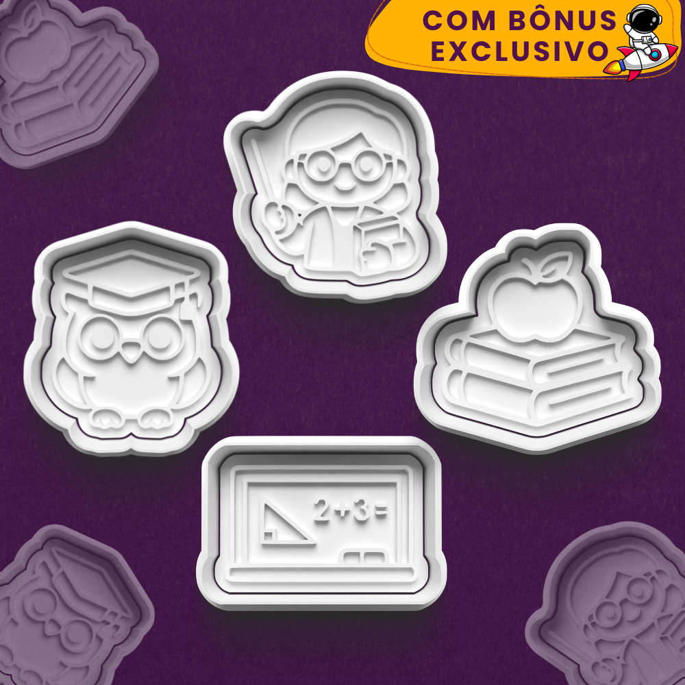 Cortadores de Biscoito Professores Coruja Escola Quadro Livros Maçã + Ebook de Receitas - 3DVerso