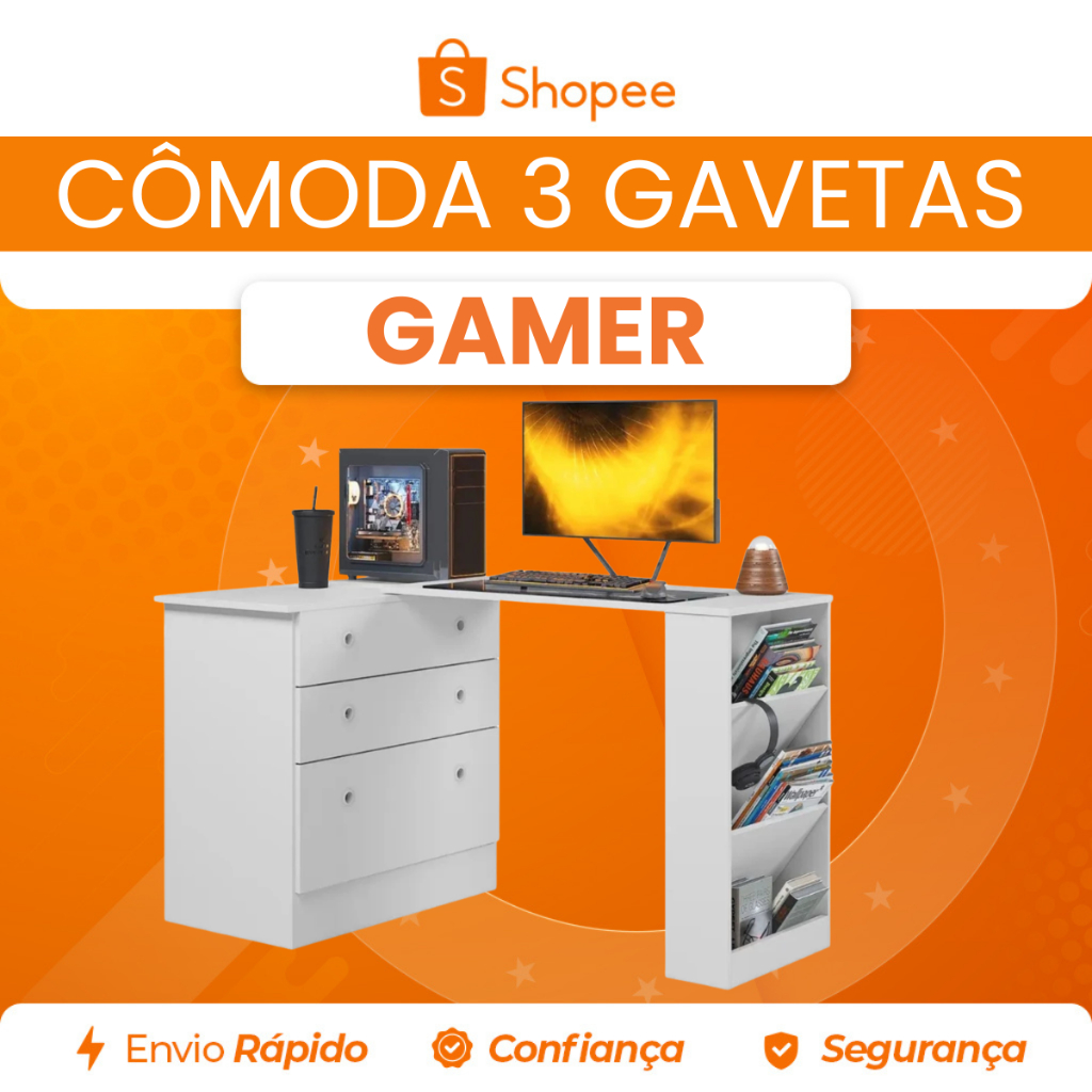 Cômoda Gamer 3 Gavetas com Mesa Giratória MDP Qmovi