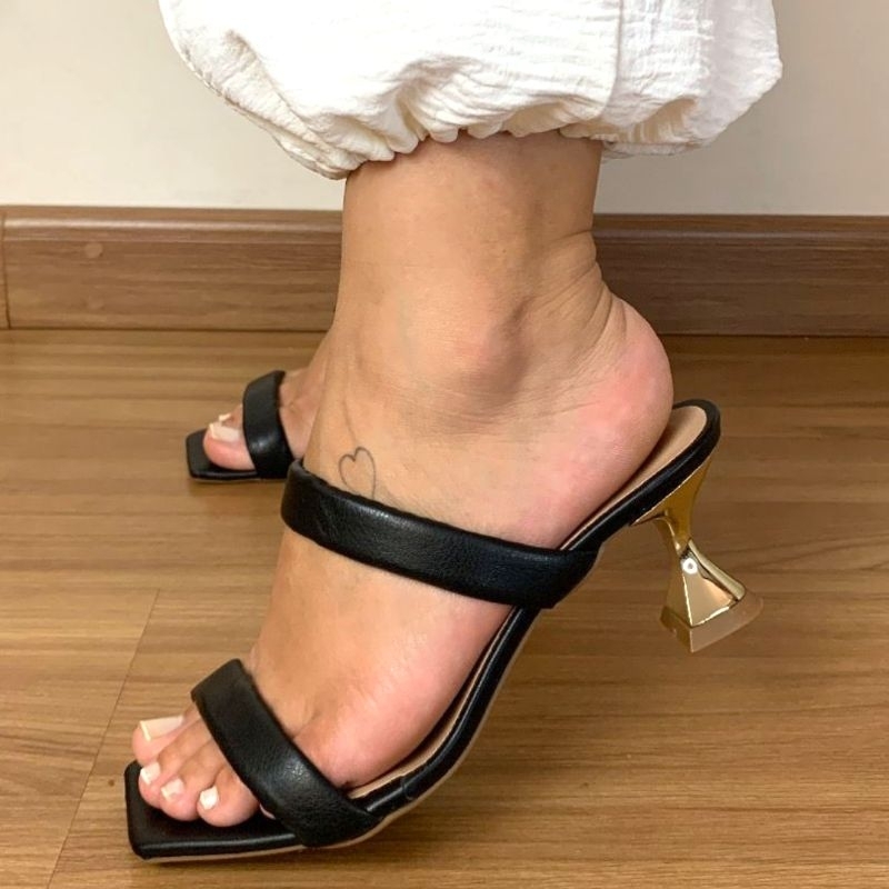 Tamanco Feminino Elegante  Duas Tiras Macias Sandália Salto Folha Dourado 6 Centímetros Lançamento Pronta Entrega