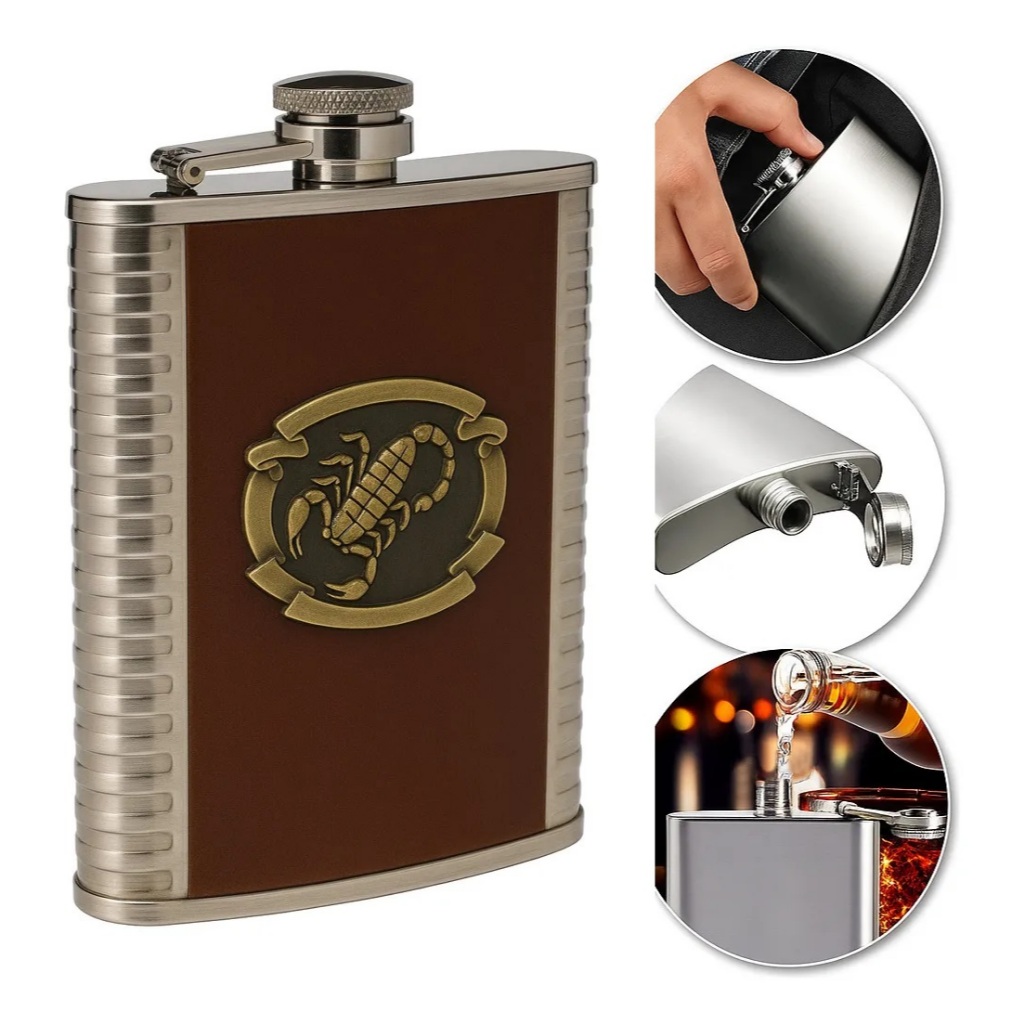 Cantil De Bolso Porta Bebida Whisky Vodka Aço Inox Escorpião