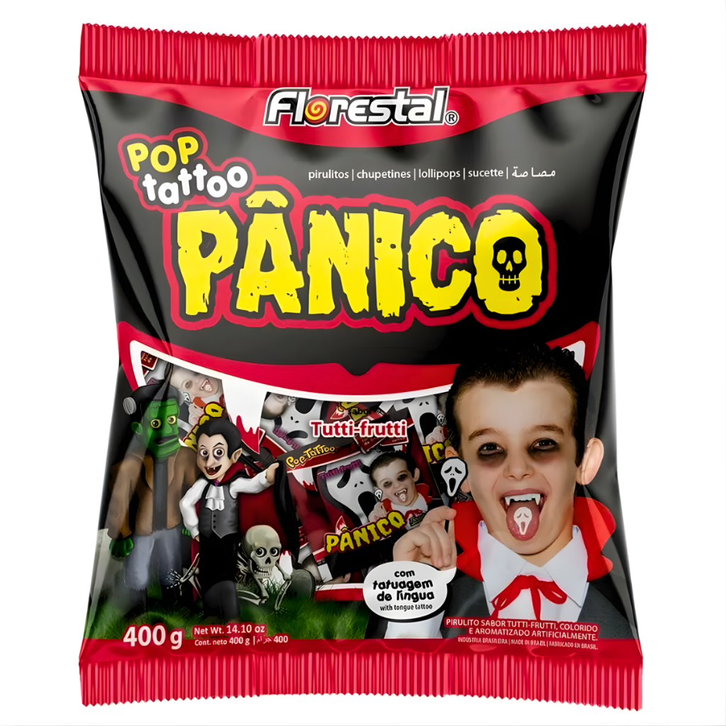 Pirulito Pop Tattoo Pânico Sabor Tutti Frutti 400g Florestal Com Tatuagem de Língua