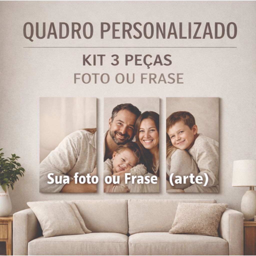 kit Quadros Decorativo 3 peças 96x60 - Personalizado Sua foto imagem aqui familia oração sala quarto