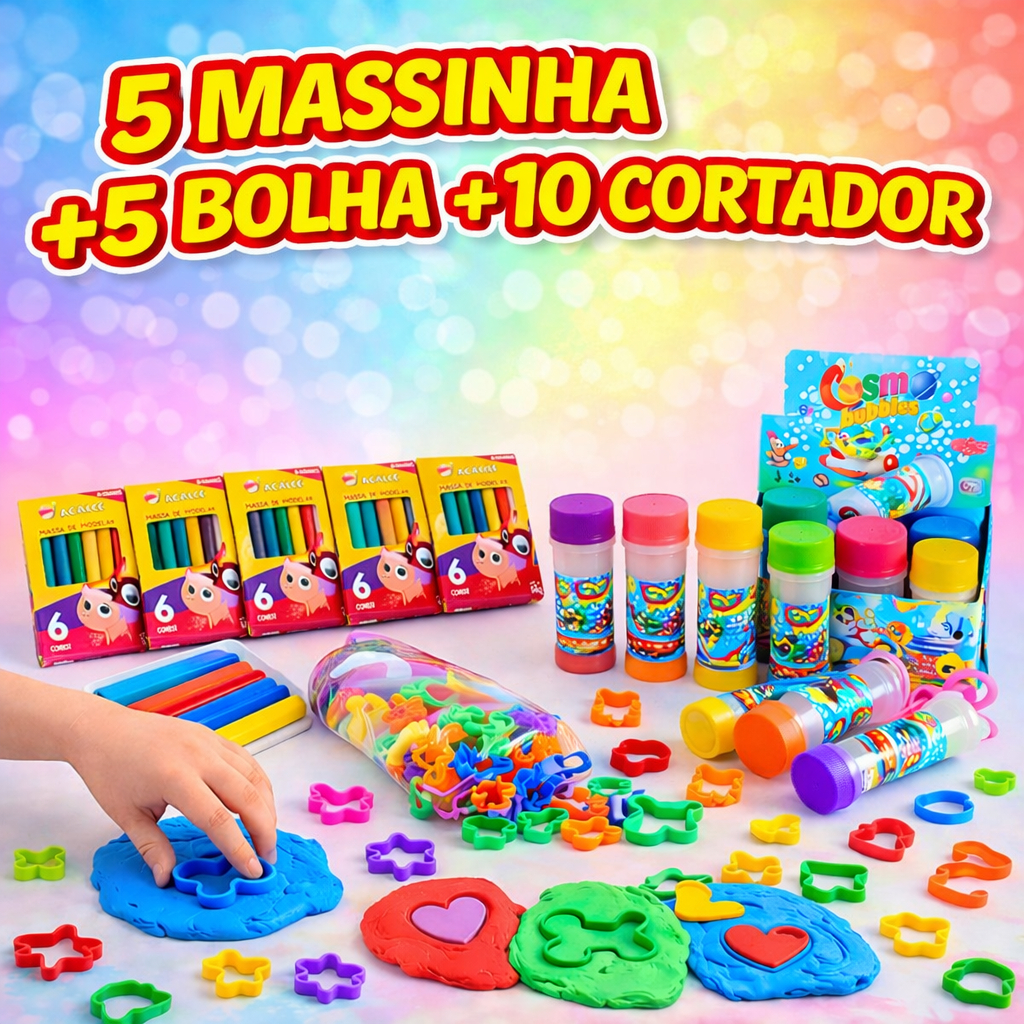 Kit 5 Cx Massinha de Modelar + 5 Bolha Sabão + 10 Cortador p/ Kit Festa Lembrancinha Infantil
