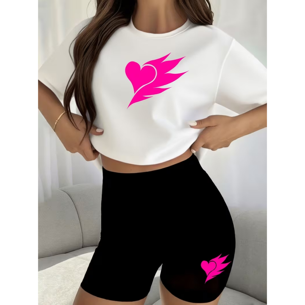 CONJUNTO FEMININO ACADEMIA BERMUDA LEGGING+CAMISETA CORAÇÃO ROSA