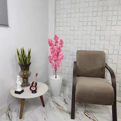 Flor Artificial Cerejeira Japonesa Rosa Vaso Cone Mármore Pedra