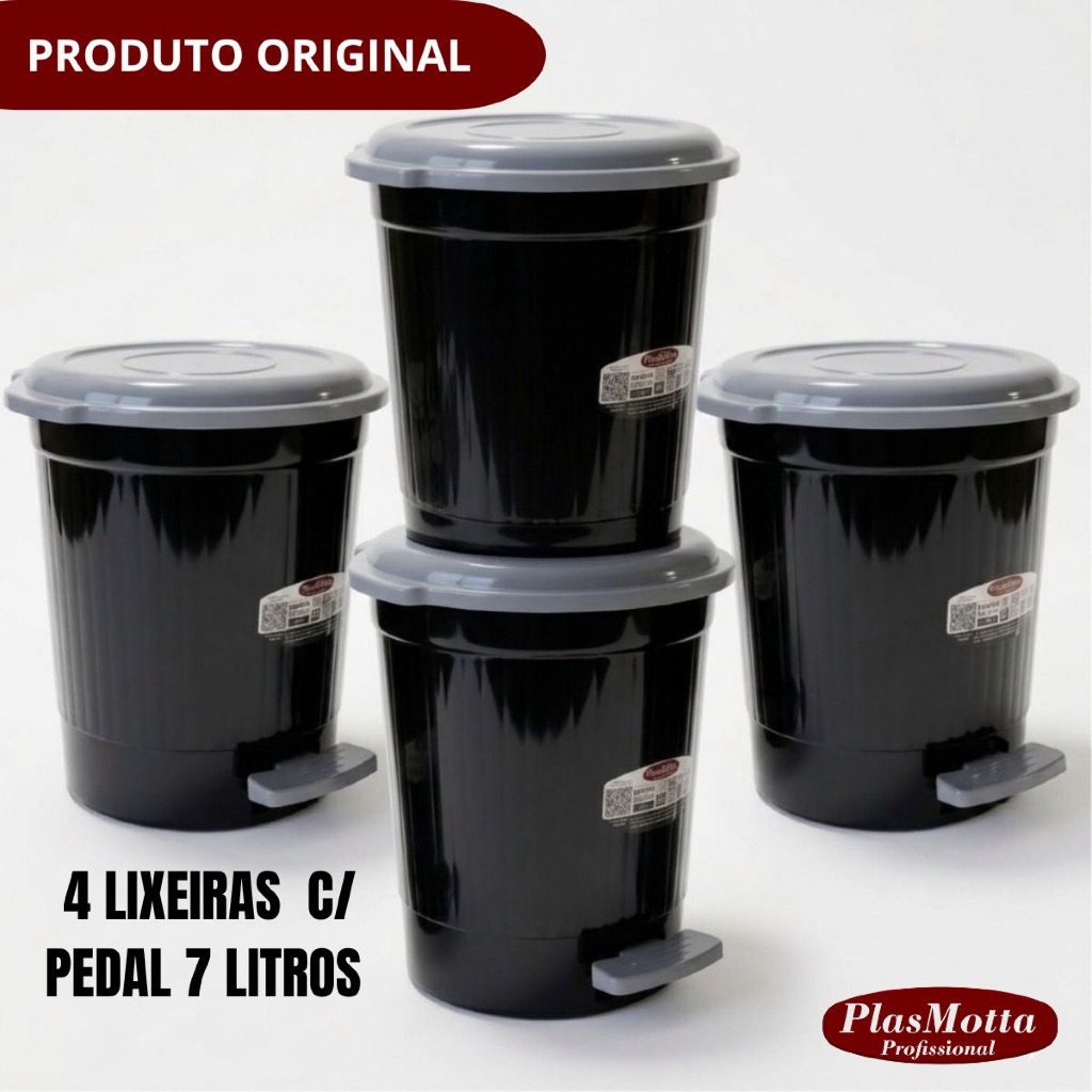 Kit 4 Lixeiras Redondas 7 Litros Com Pedal Resistente Multiuso Funcional Preta