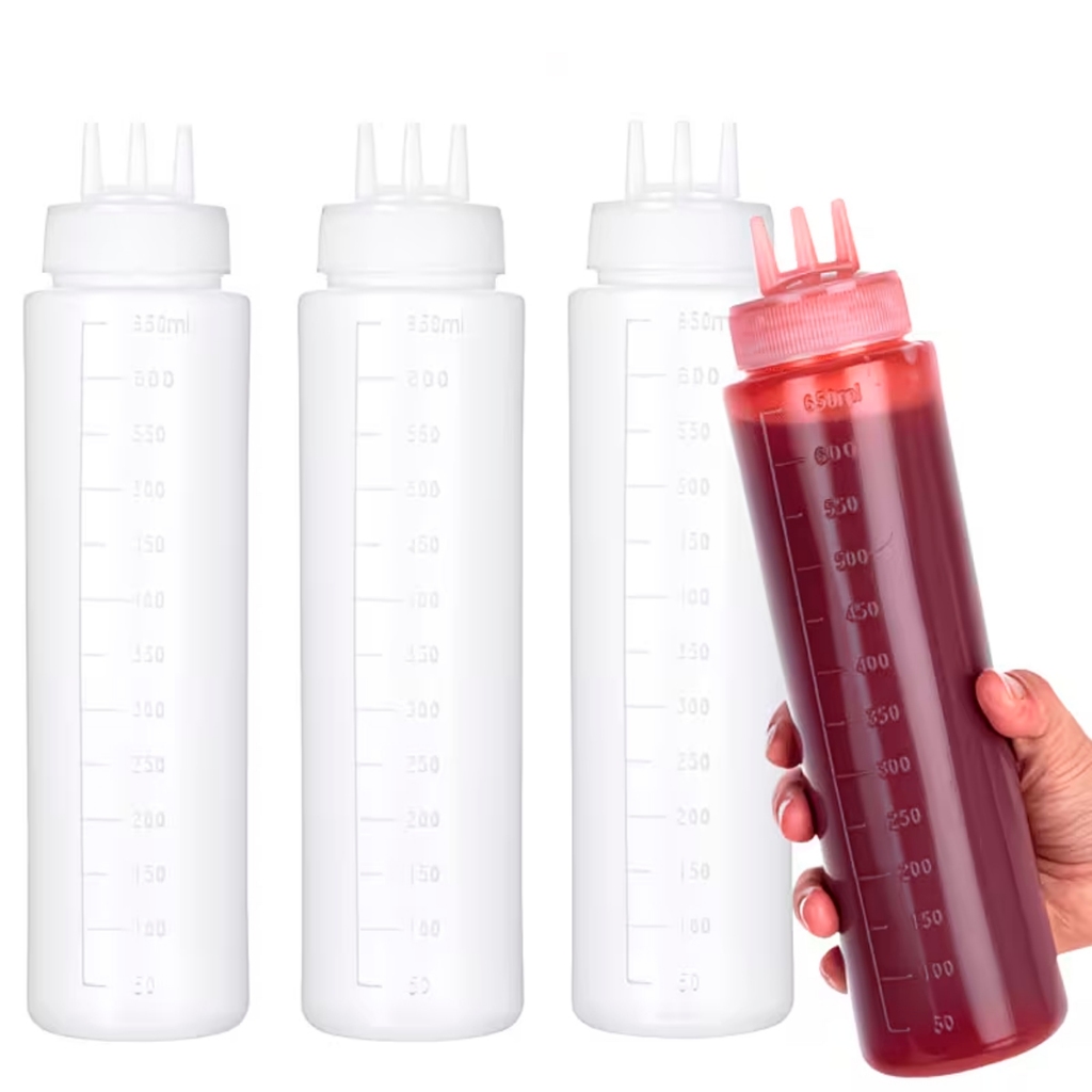 Kit 4 Bisnaga de Bico Triplo 3 Bicos Profissional Buffet 1 Litro 650 350ml Graduada Confeiteiro Molhos Caldas Ketchup