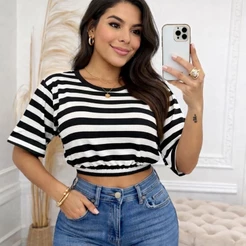 Blusa Feminina Listrada Com Elástico na Cintura