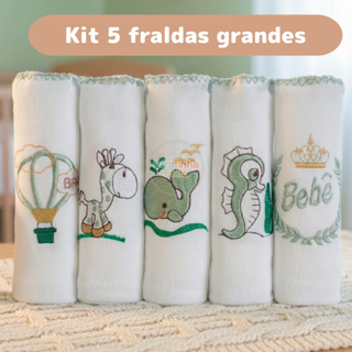 Kit 5 Fraldas de Pano Para Bebê Bordadas 70x70cm Tecido Duplo 100% Algodão Enxoval Menino Menina em Oferta na Shopee
