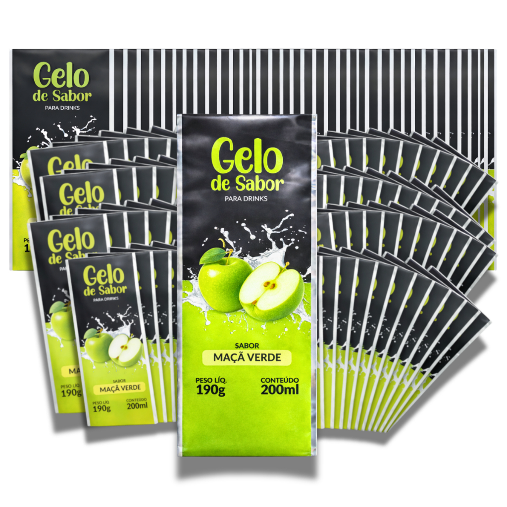 Embalagem para Gelo Sabor Maçã Verde 1000 Unidades Gelo Saborizado BOPP Metalizado 200ml