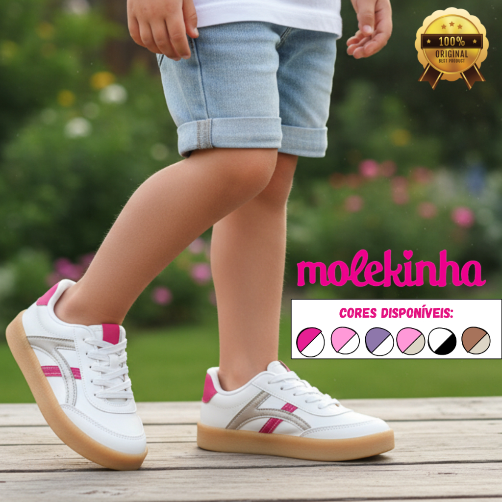 Tênis Molekinha Infantil Menina Original Casual Napa Palmilha Cadarço Conforto Plataforma Escola