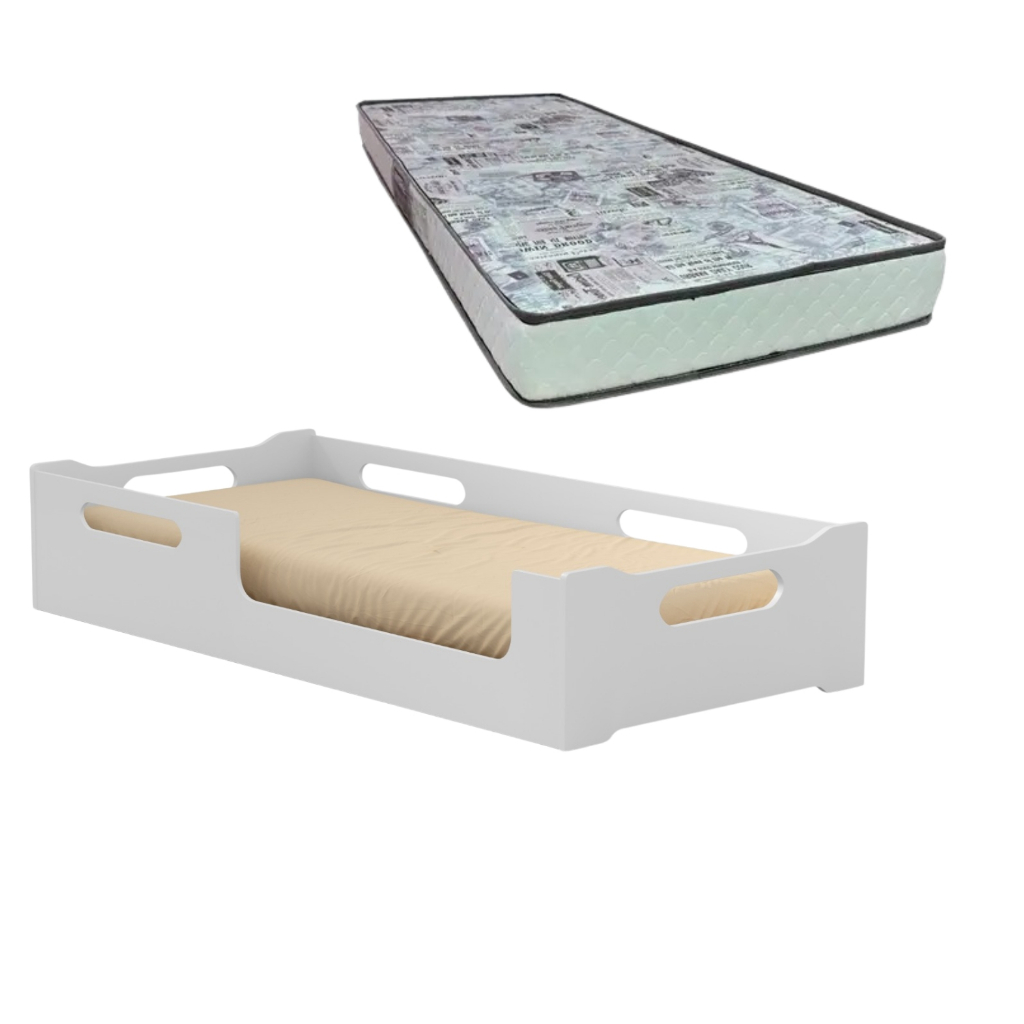 Cama Encanto Solteiro Montessoriana 100%MDF + Colchão Solterio 188x88 Cm -D23 Gazin - Branca