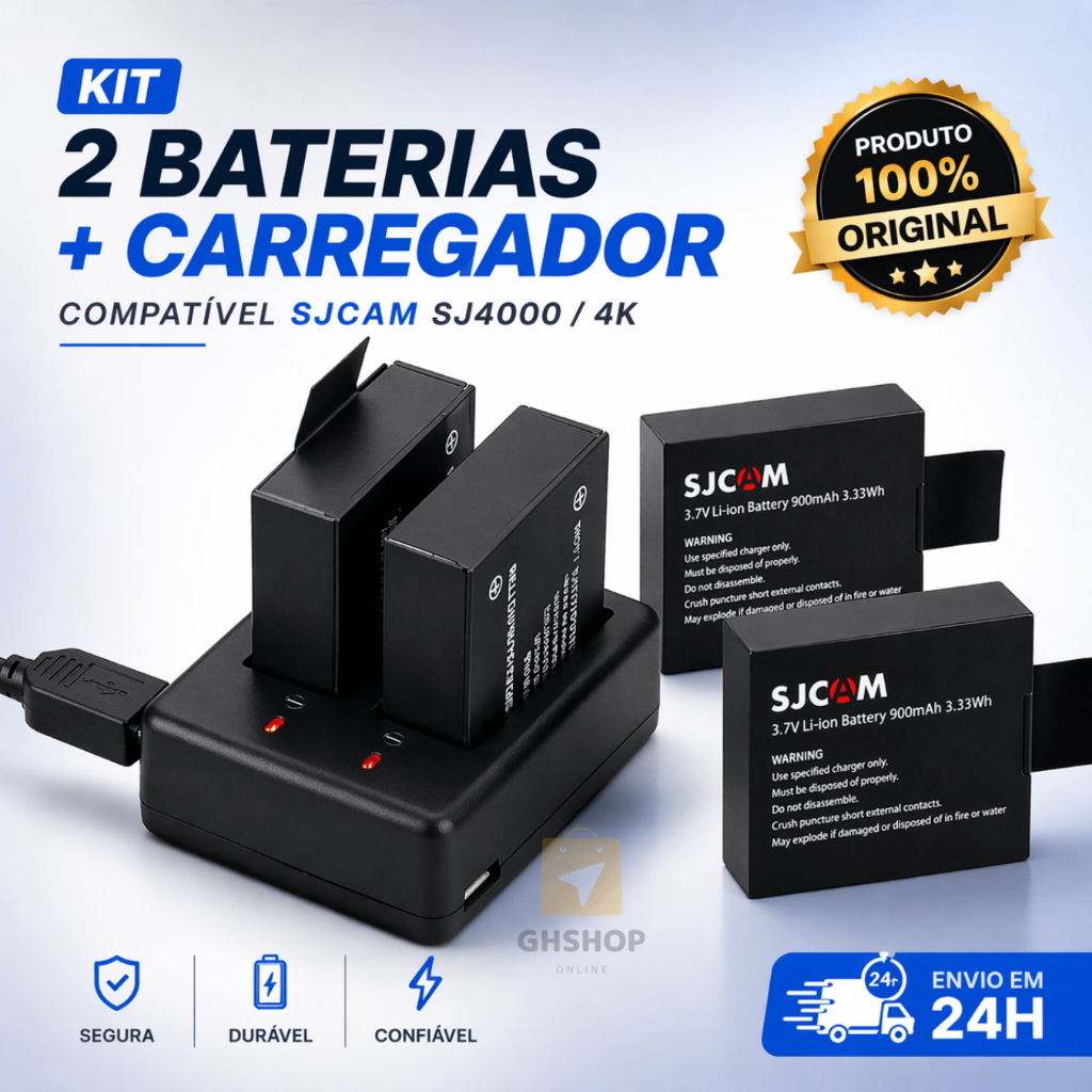 Kit Com 2 Baterias e Carregador Câmera 4k Eken h9r Sjcam Sj4000 Sj5000 M10 Action Sport 4k Hd 900mah