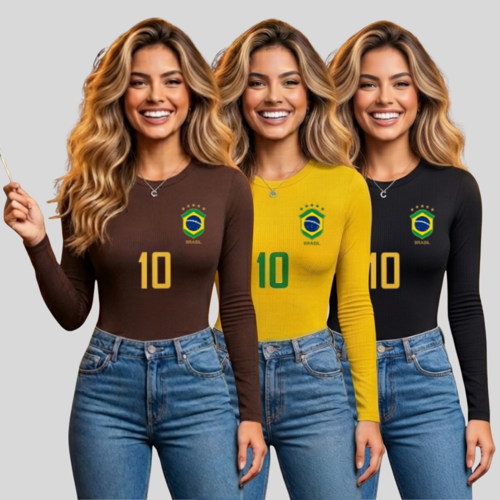 Body Manga Longa Blusa Segunda Pele Inverno Copa do Mundo 2026 Torcedora Camisa 10 Brasil Suplex Seleção Brasileira