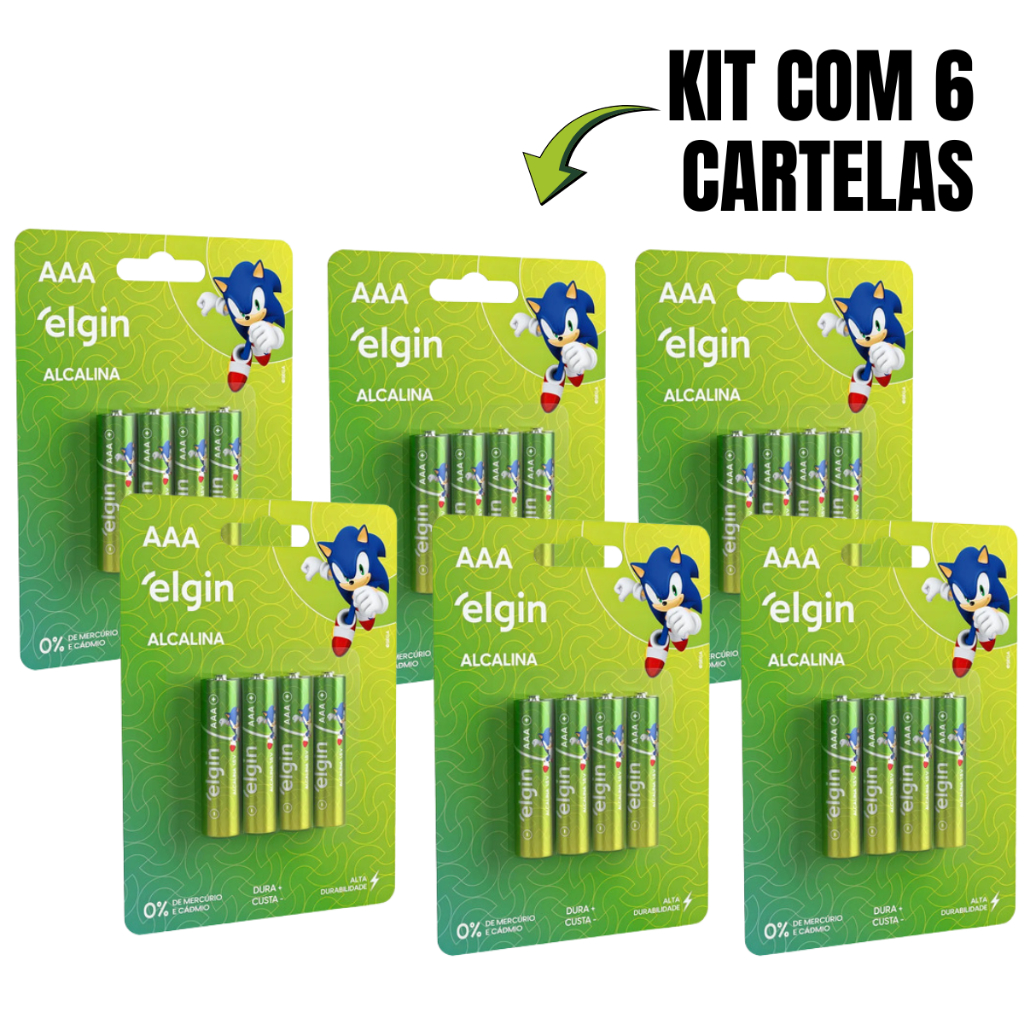 Kit 6 Cartelas de Pilha Alcalina AAA Palito Blister Com 4 Unidades Elgin em Oferta na Shopee