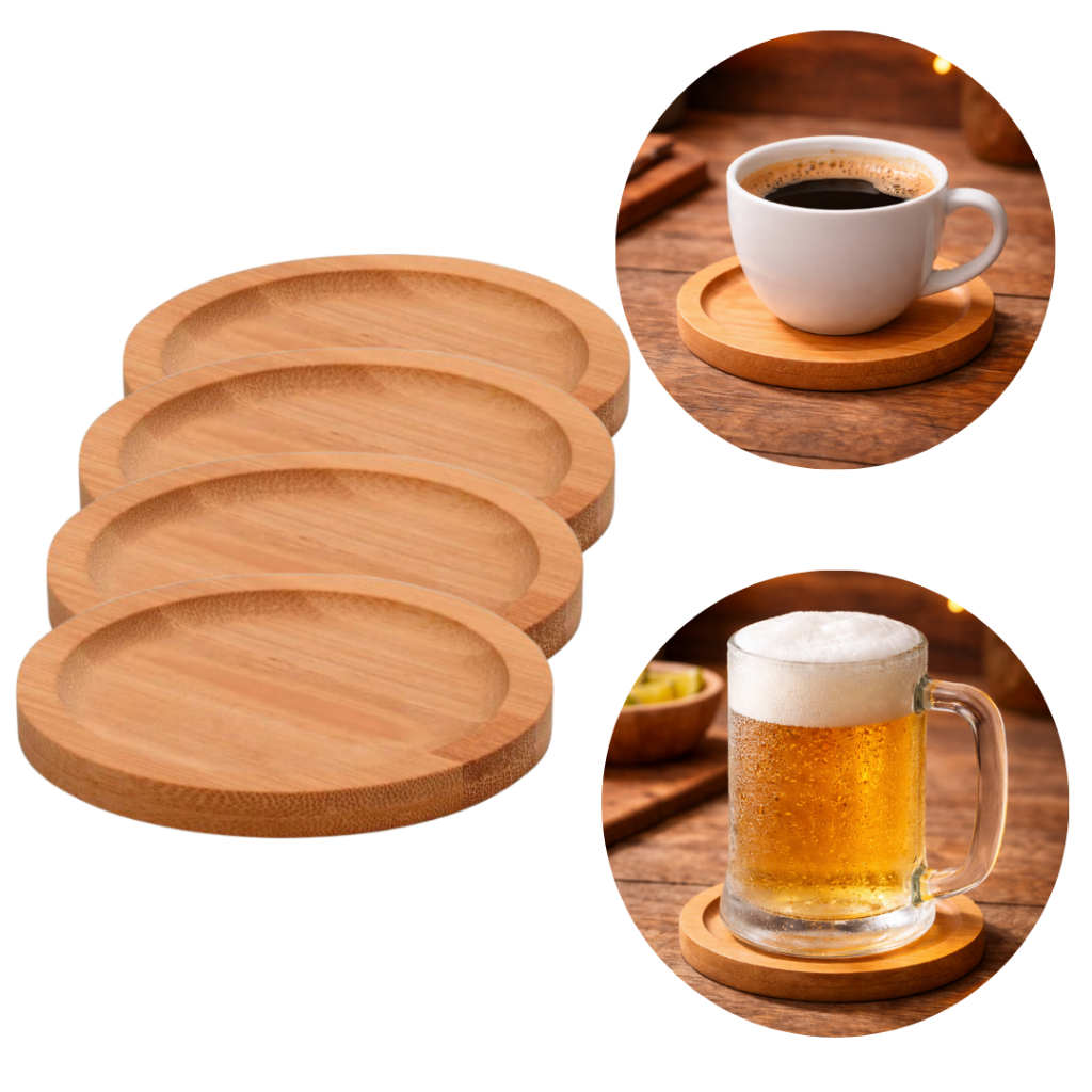 Kit 4 Porta Copos e Canecas Madeira Bambu Redondo Bolacha Para Copos Bambu 4 Peças
