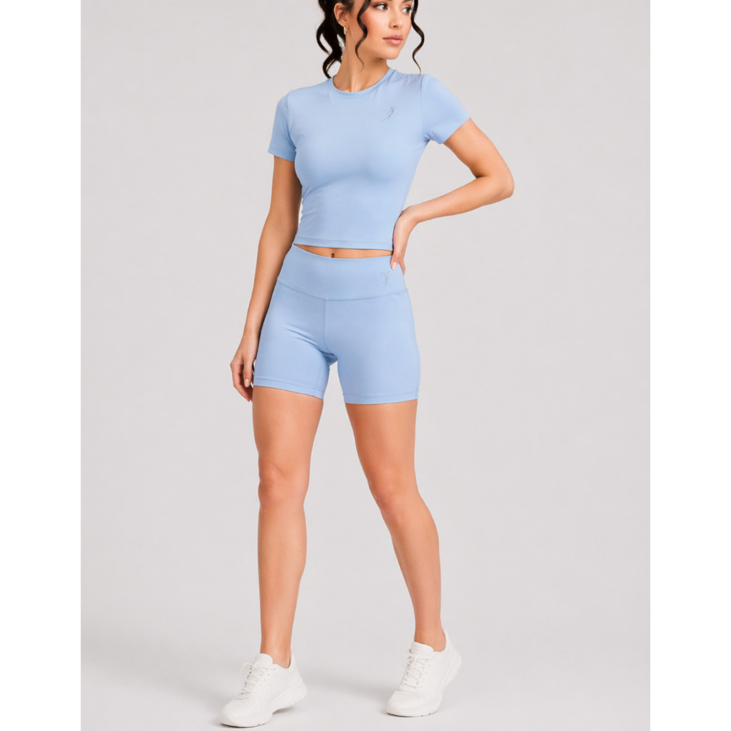 Conjunto Fitness Poliamida Feminino Baby Tee Slim Fit Compressão + Short Academia Costura Rebatida