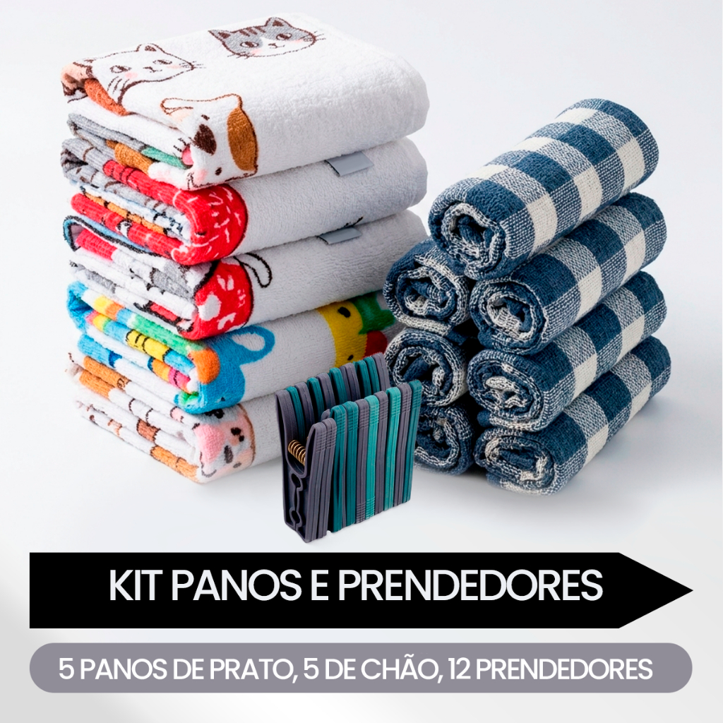 Kit Pano de Prato Teka + Pano de Chão Xadrez + Prendedores de Roupa