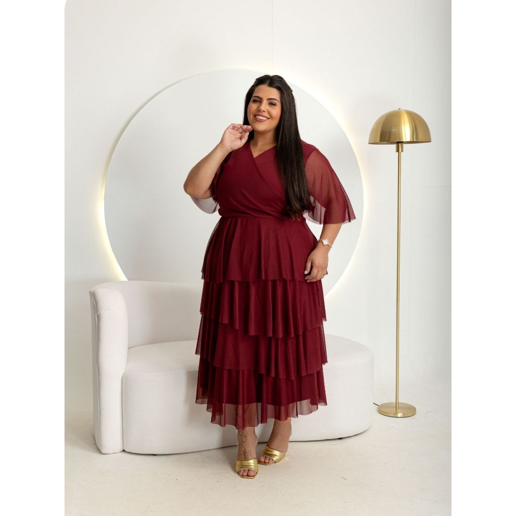 VESTIDO PLUS SIZE  MIDI COM BABADOS EM TULE MANGA FLER MODA FEMENINO E EVANGELICO