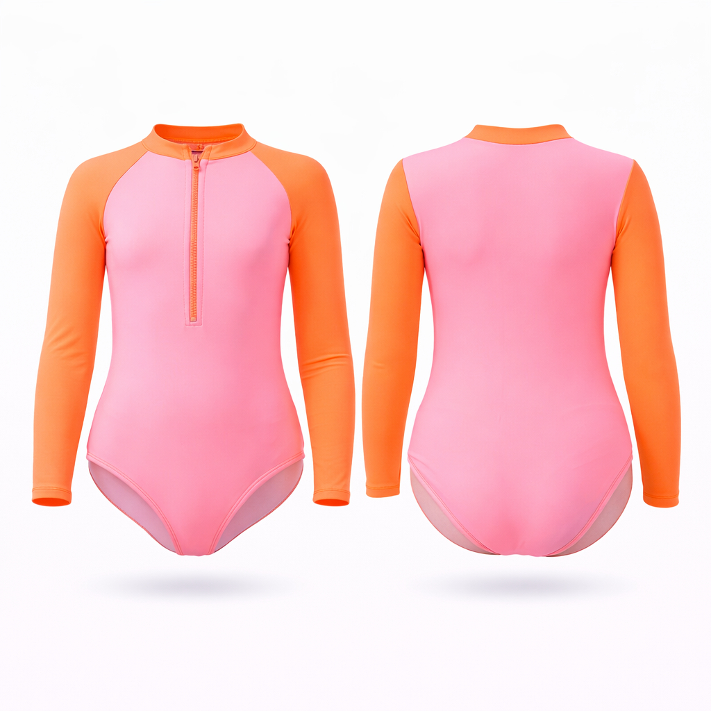 Maiô Manga Longa Com ziper Infantil Juvenil - Menina - Cores Vibrantes Neon