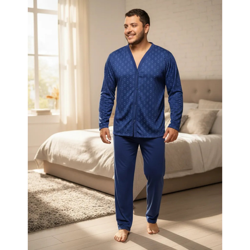 Pijama Masculino de Inverno Manga Comprida com Botões Calça Conjunto de Frio Comprido Abertura
