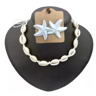 Kit Colar de Búzios Gargantilha + Brincos Estrela do Mar | Acessório Praia Feminino Boho Chic Verão