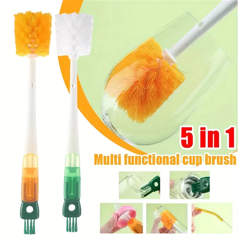 Escova 5 em 1 Multifuncional  Kit Limpeza Canudos e Copos  Cabo Longo Uso Doméstico