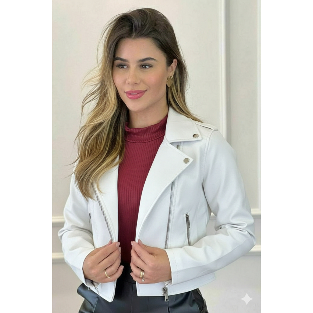 jaqueta De Couro Feminina Com Ziper Inverno Elegante