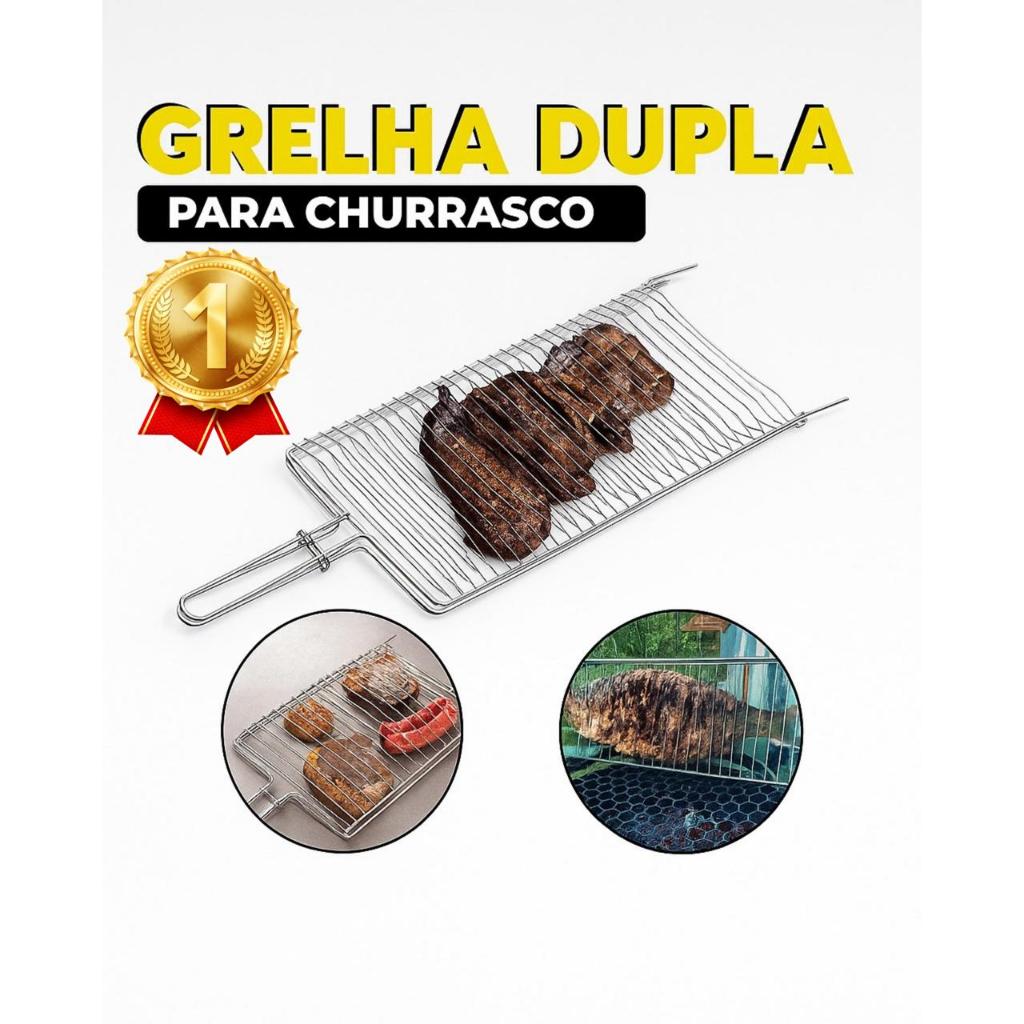 Grelha Dupla Folha Abaulada Grande Premium 70 x 20 churrasco Peixe Frango Linguiça Aço Abre e Fecha