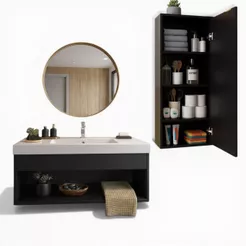 Gabinete Banheiro com Cuba Slim Integrada + Armário 4 Nichos Estilo Minimalista Moderno