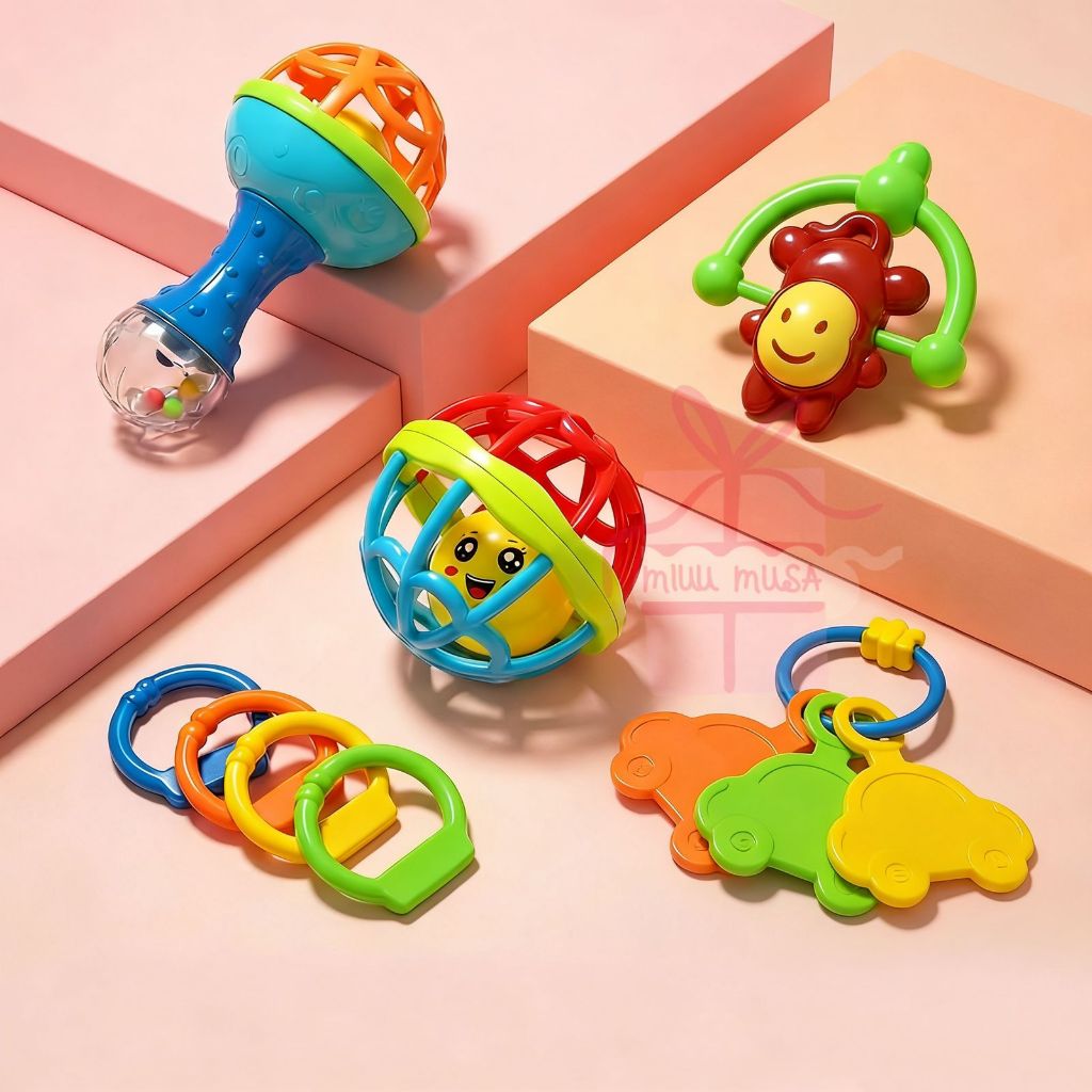 KIT Brinquedo Bebe Chocalho Mordedor Silicone Macio Bola Colorida Presente Para Menina e Menino