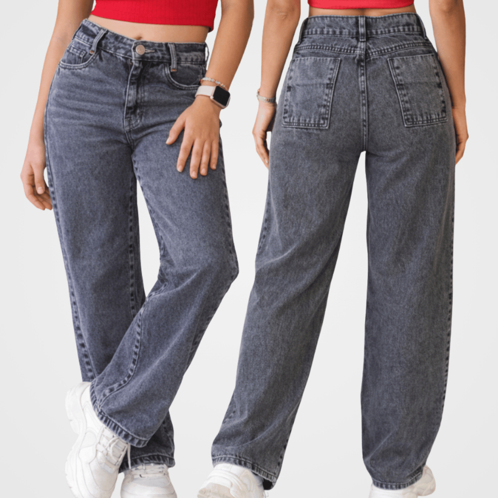 Calça Jeans Infantil Feminina Wide Leg Grafite Marmorizada Cintura Alta Moda Teen Estilosa
