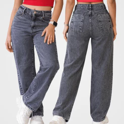 Calça Jeans Infantil Feminina Wide Leg Grafite Marmorizada Cintura Alta Moda Teen Estilosa