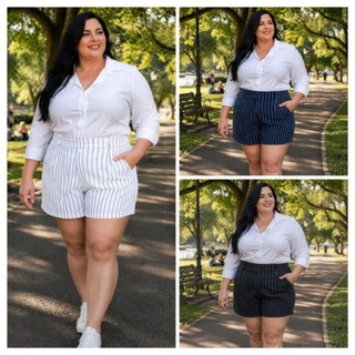 Short Feminino Alfaiataria Risca De Giz Plus Size Bermuda Listrada Mulher Tamanho Grande