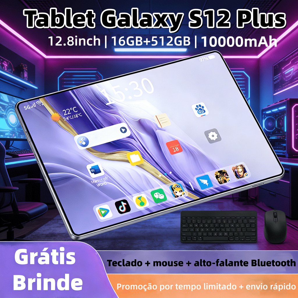 【 Teclado, mouse e fone de ouvido gratuit】Tablet Galaxy S12 Plus 16 GB + 512 GB 12,8 polegadas 10000 mAh Bateria de