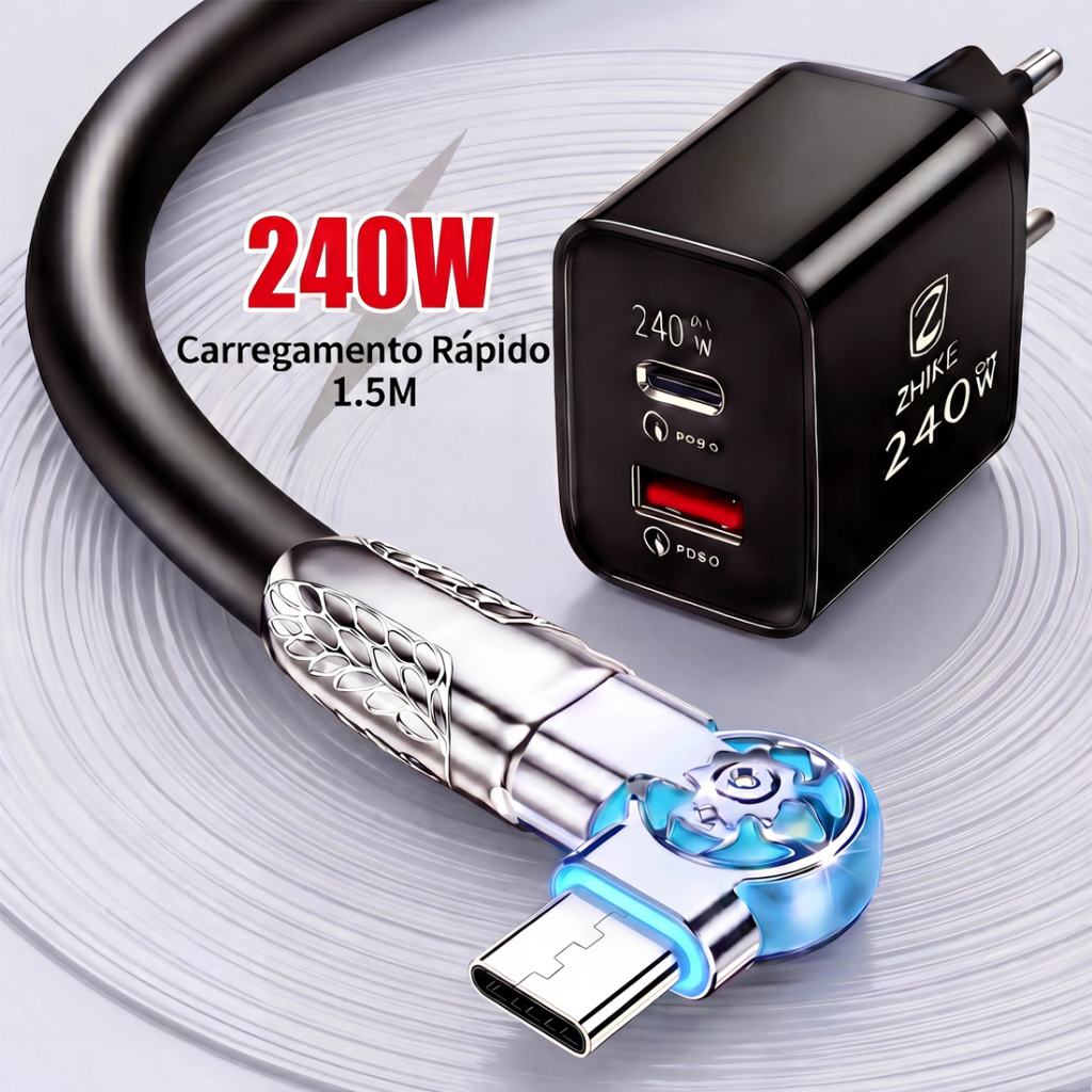Cabo de Dados Carregamento Rápido 240W 280W Tipo C Android V8 Rotação 180 Graus 1,5Metro Silicone Líquido