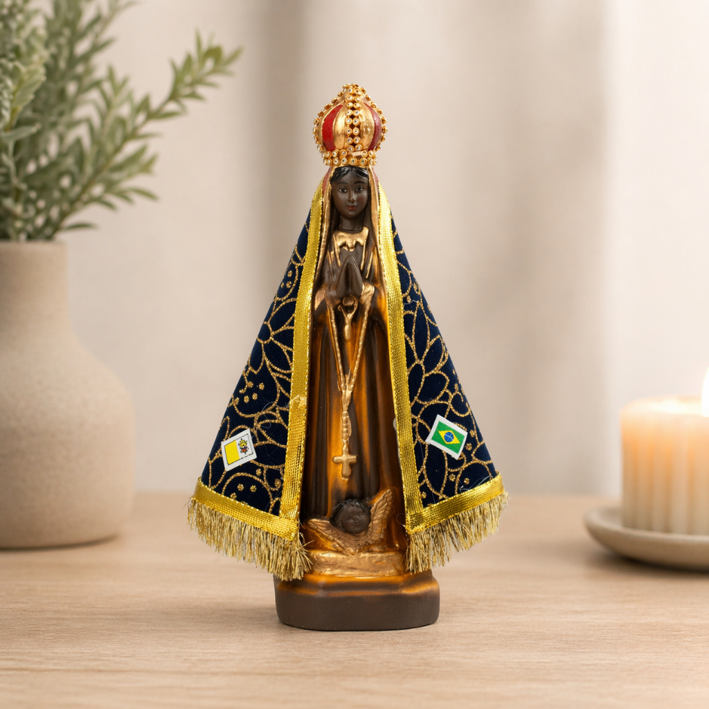 Imagem Nossa Senhora Aparecida 24cm Gesso Manto Veludo Decorado Estátua Católica Decoração Altar Presente Fé