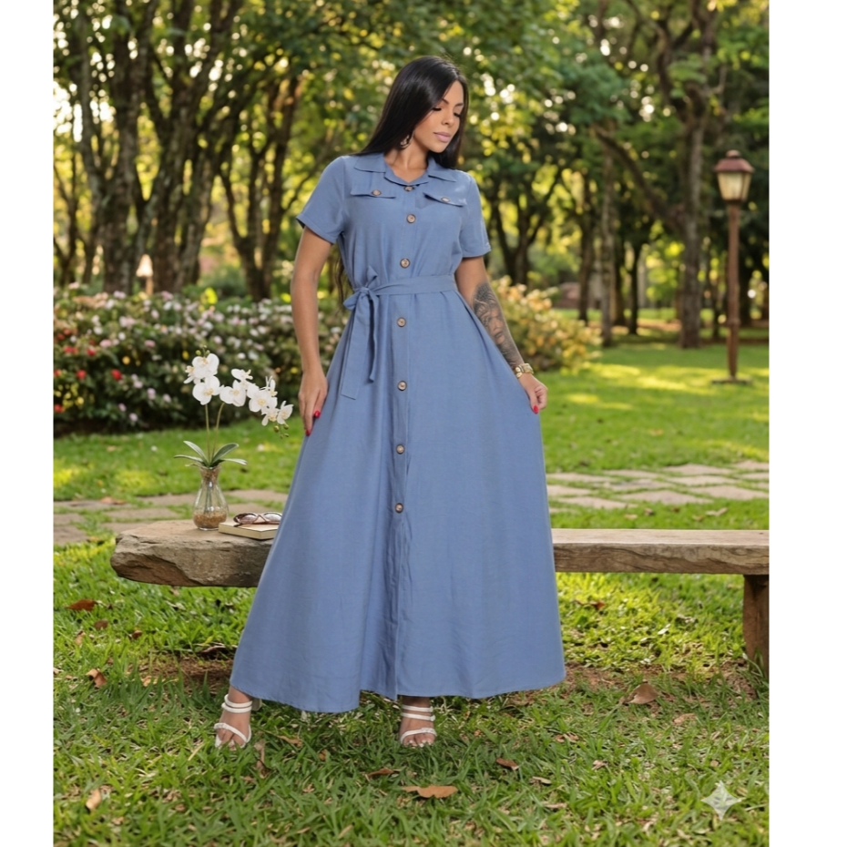 Vestido Evangelica Longo Luxo Botoes Frontais Manga Curta Moda Femenina Elegante — imagem 2 de 2