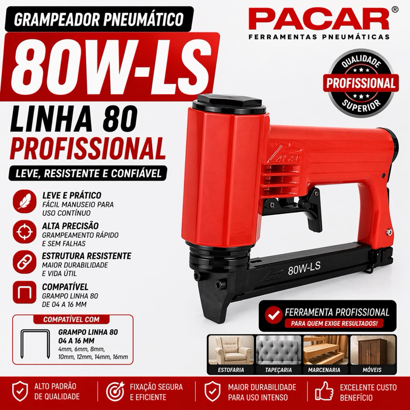 Grampeador Pneumático 80W/LS + Pino de Engate - Grampeador Tapeceiro  Para Madeira Original Pacar