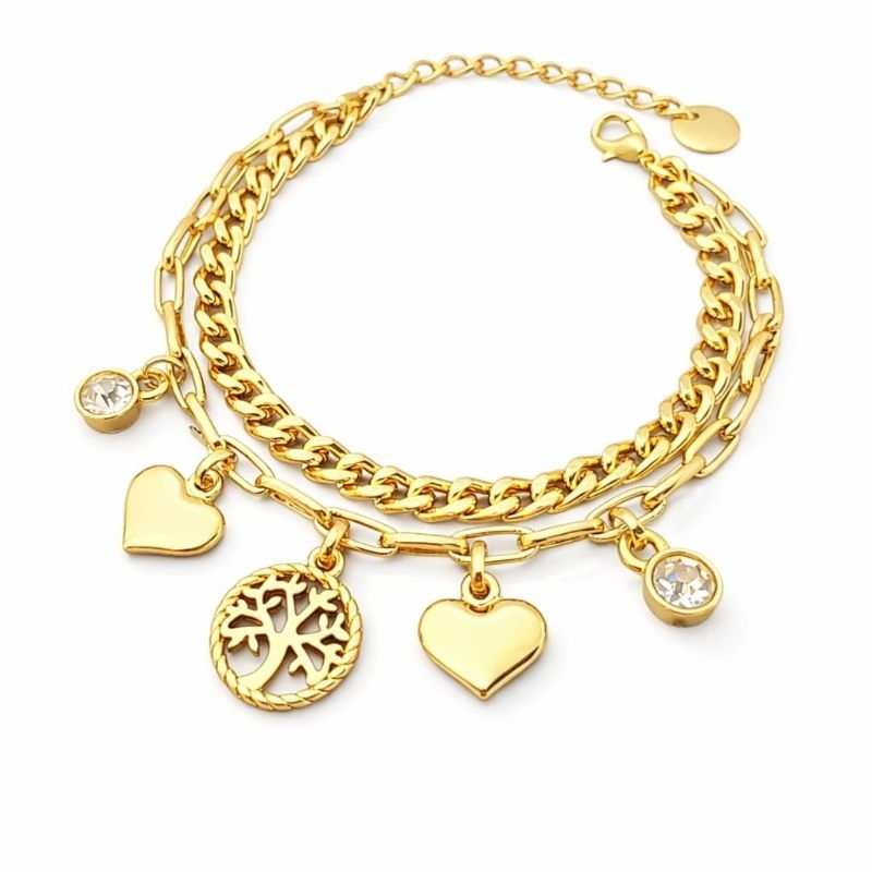Pulseira Feminina Dourada com Pingentes Coração Árvore da Vida Luxo Ajustável presente