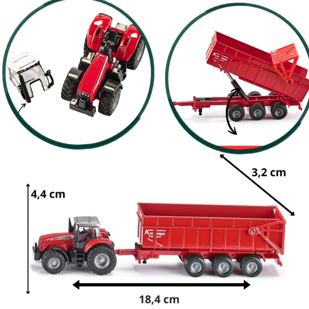 Miniatura Trator Massey Ferguson com Reboque Basculante Siku 1/87 Original Metal Diecast Agrícola Escala 1:87 Fazenda