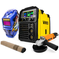 Kit Máquina Solda 3 em 1 WK 160A Máscara Automática Esmerilhadeira 720W 220V Eletrodo Pró Euro