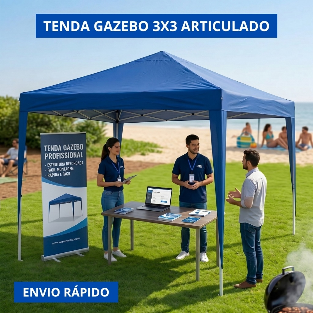 Tenda Gazebo 3×3 Articulado SANFONADO Dobrável 3×3 para Praia Camping Feira Açai Toldo Barraca