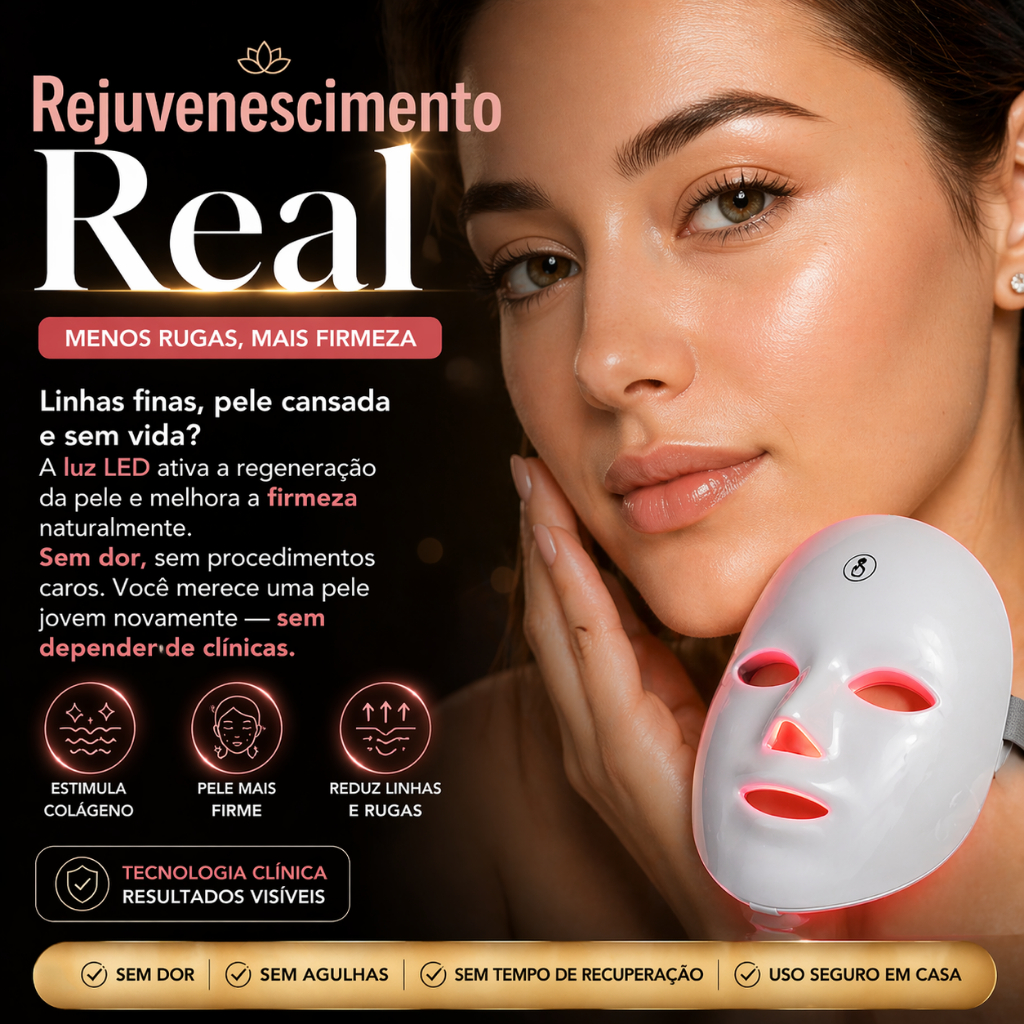 Máscara Facial LED 7 Cores Rejuvenescimento Anti-idade Acne Rugas Clareamento Pele renovada em Casa