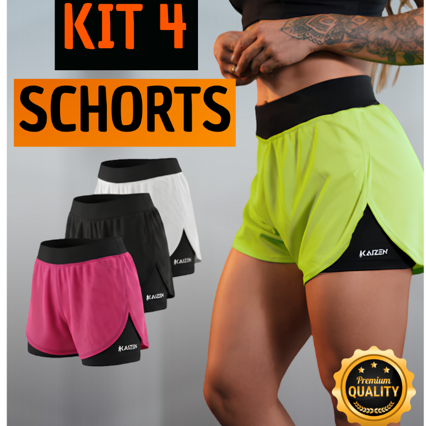 KITE com 04 ou 01 Shorts Bermuda compressão 2em1 feminino para academia, caminhada, corrida, treino