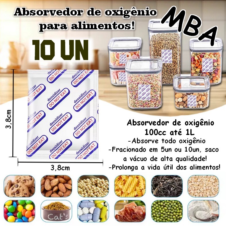 ABSORVEDOR DE OXIGÊNIO 100CC até 1L, kit c/ 10un fracionado com 5un/10un